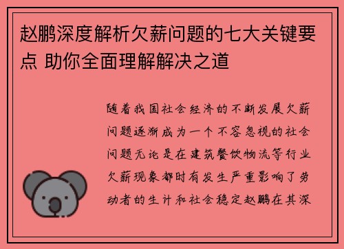 赵鹏深度解析欠薪问题的七大关键要点 助你全面理解解决之道